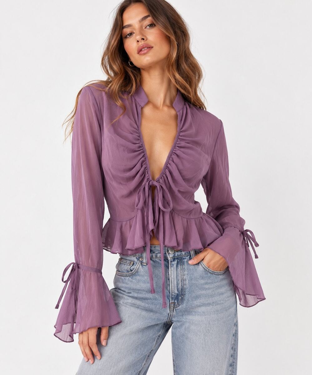 ASOS Design Purple Ruched Tie Front Peplum Blouse Y2K Coquette Size 8 Fairy